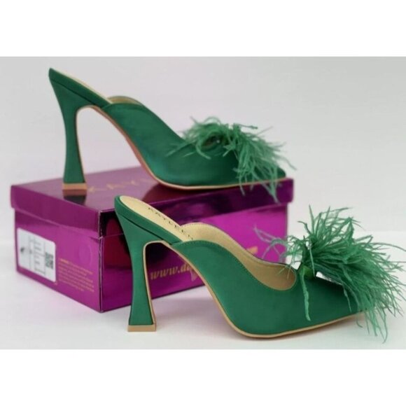 KAYLEEN / Cailin-20/ Green Satin / Feathered / Mule Heels/  With Pointed Toe - Picture 6 of 7